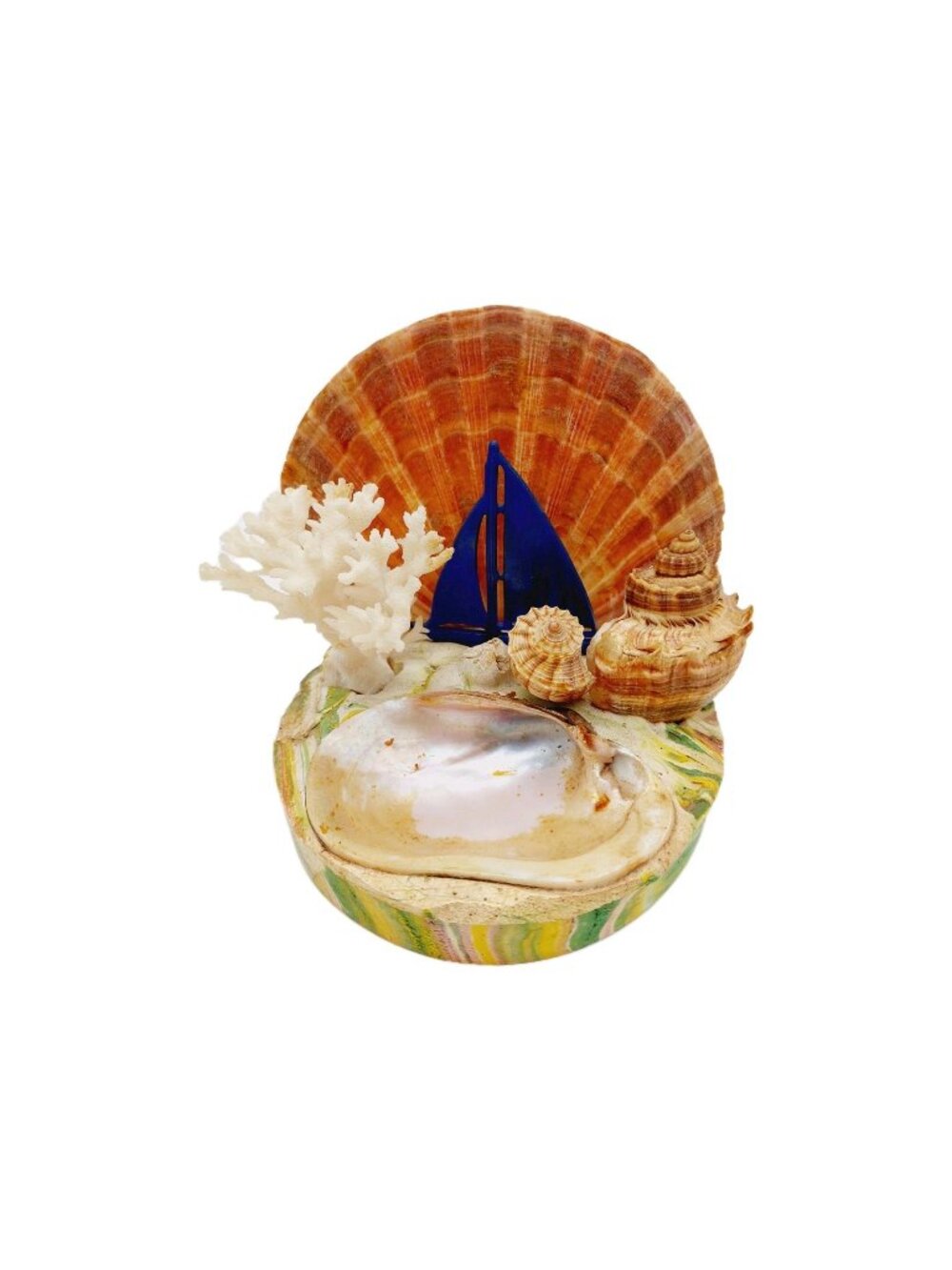 Vintage Coral Sea Shell Decor On Multicolored Base With Metal Blue Boat 4.5"